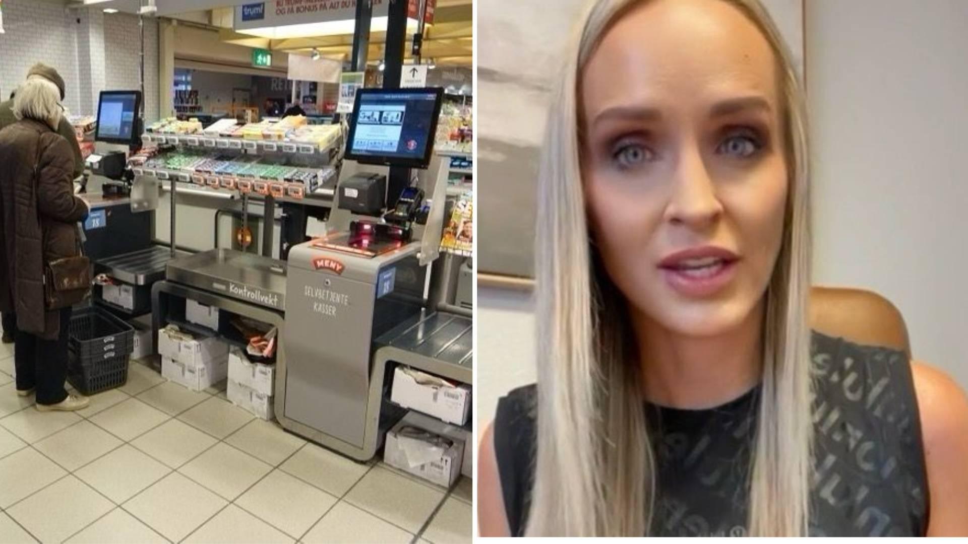A collage of a self-checkout point and an image of Carrie Jernigan