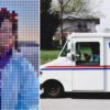 A collage of a pixelated image and a white USPS van
