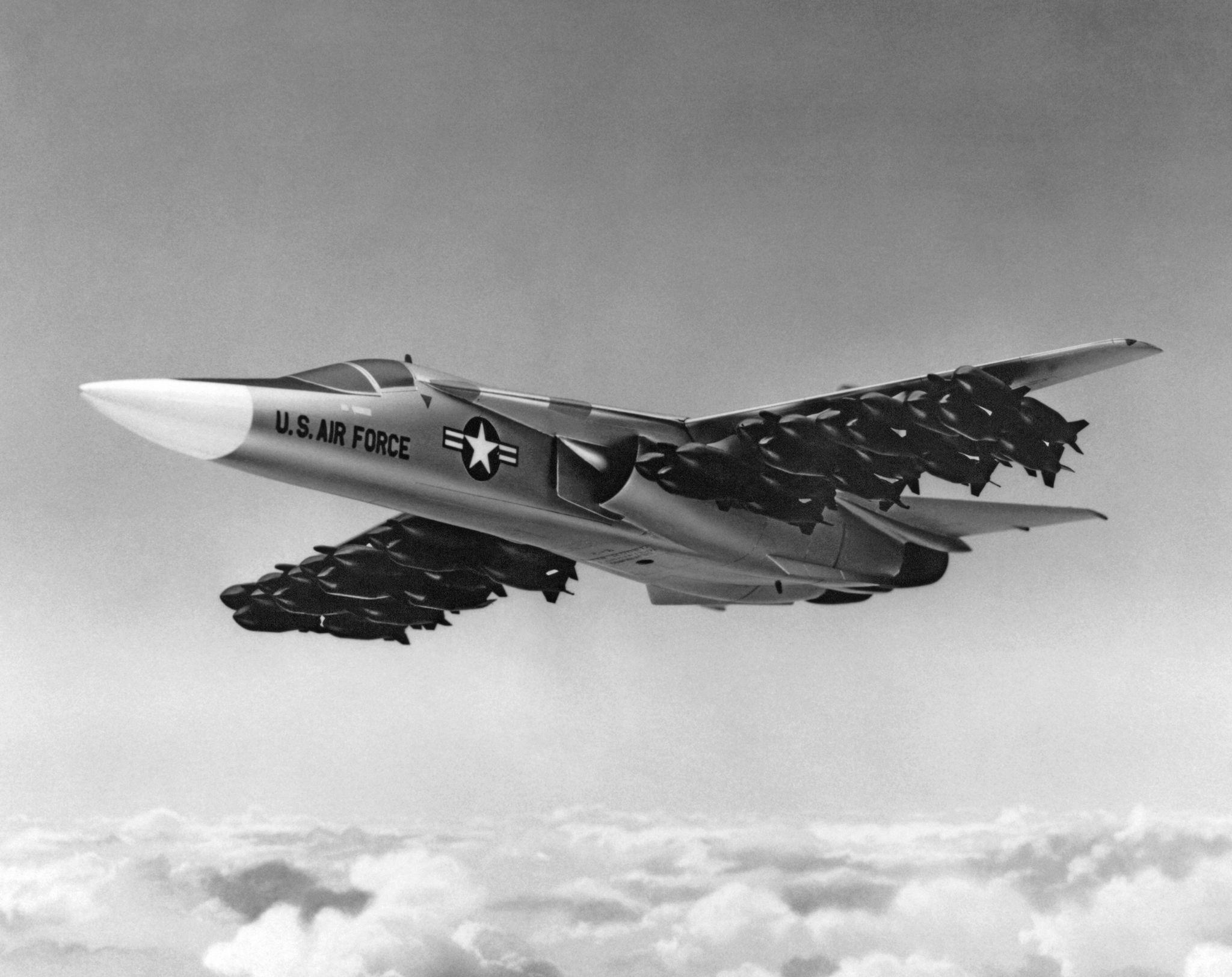 An illustration of the dynamic F-111 Aardvark bomber during the 1960s