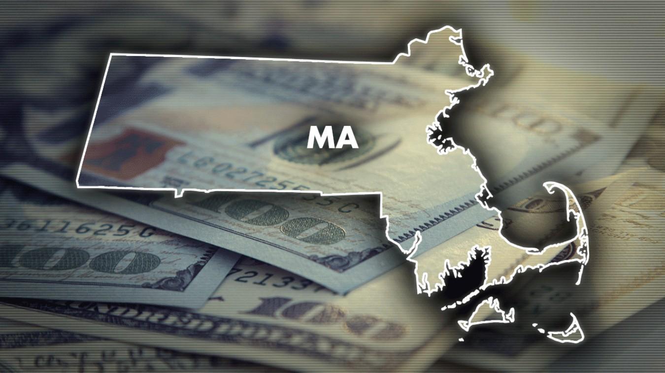 Map of Massachusetts overlaid on $100 Bills